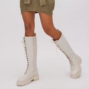 Cream Lace Up Knee-High Combat Wide Calf Boots